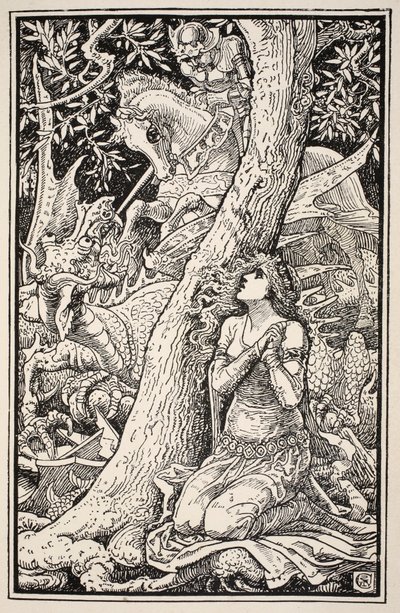 Skräckslagen från vettet, hukade han flämtande på marken, illustration från "Mrs Burton Harrisons Folk and Fairy Tales", 1885 av Walter Crane